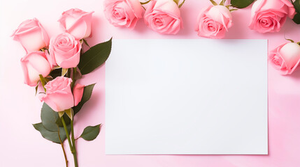 Wall Mural - Blank card mockup surrounded by soft pink roses on pastel background, ai generated