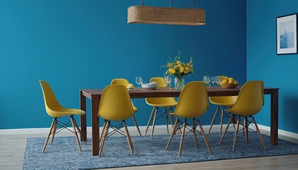 Wall Mural - A blue wall with chairs and a table with chairs and a light hanging from the ceiling 38