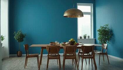 Wall Mural - A blue wall with chairs and a table with chairs and a light hanging from the ceiling 34