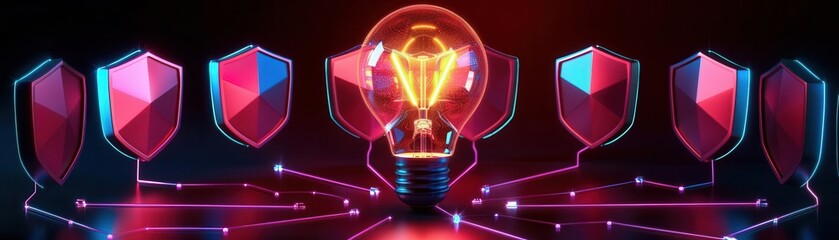 a glowing bulb encircled by shields, representing the guarded brilliance of ideas top view conveys i