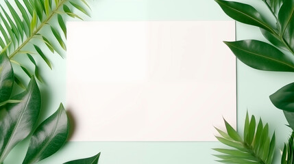 Wall Mural - White card mockup surrounded by tropical leaves on mint green backdrop, ai generated