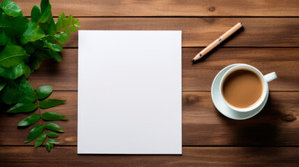 Wall Mural - Coffee cup, pencil, and green leaves flatlay on wooden background, ai generated