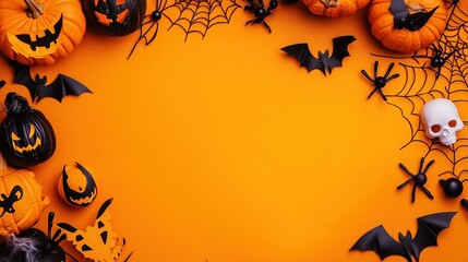 Spooky Halloween decorations set on vibrant orange paper in a flat lay top view, featuring a frame of carved pumpkins, spider webs, bats, ghost eyes, and a skeleton head. Perfect for creating eerie ba