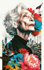 Wall Mural - a woman with white hair, wearing a black turtleneck, standing in front of a city skyline. She is surrounded by colorful flowers and birds, and appears to be looking upwards.