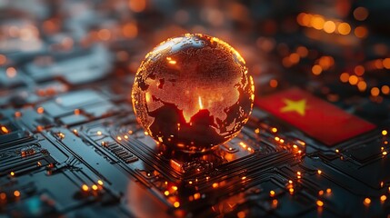 Wall Mural - a robotics hologram abstract technology background with a globe on a chinese flag, representing ai a
