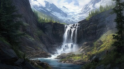 Canvas Print - The view of a waterfall cascading down steep mountain slopes is both awe-inspiring and calming