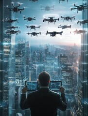 Poster - A skilled drone pilot uses a touchpad to manage a fleet of cutting-edge drones in a sophisticated control center with a city view. Generative AI