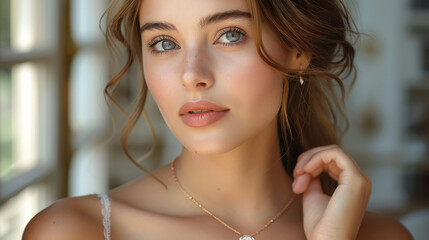 young beautiful woman wearing gold jewelry with a diamond