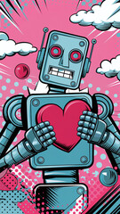  Retro Robot Holding Heart in Vibrant Pop Art Style with Pink Background