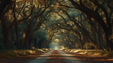 Wall Mural - sunlit pathway through a canopy of trees in a forest.
