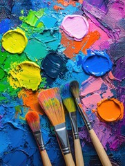 Poster - Bright paint splashes and brushes on canvas create an expressive and colorful abstract artistic composition. Generative AI