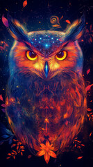 Wall Mural - vibrant and mystical owl with glowing neon details, surrounded by colorful leaves and starry backgro