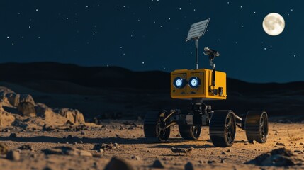 Under the pale light of the moon, a robot equipped with cutting-edge technology navigates the lunar landscape.