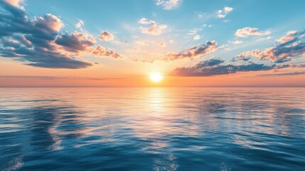 Wall Mural - Visualize a brilliant sunrise over a vast ocean, with the sky painted in shades of pink, gold, and blue.