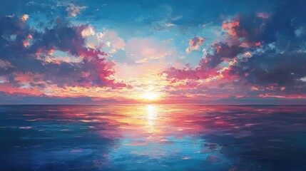 Wall Mural - Visualize a brilliant sunrise over a vast ocean, with the sky painted in shades of pink, gold, and blue.