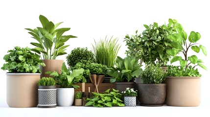 Vibrant Home Gardening Still Life with Lush Green Plants and Botanical Decor on White Background