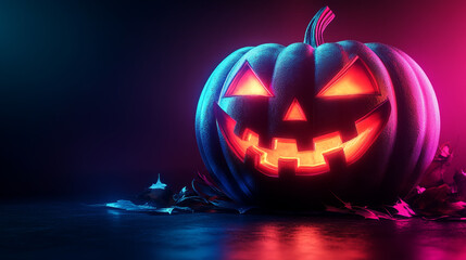 Wall Mural - Glowing neon jack o lantern with spooky shadows creates festive Halloween atmosphere. vibrant colors and eerie glow evoke excitement and mystery