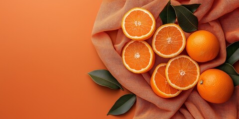 Poster - A beautiful arrangement of whole oranges and slices placed on an orange fabric, showcasing their vibrant color and freshness.