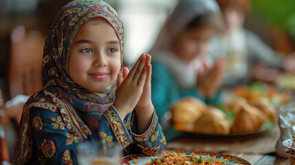 happy Muslim girl celebrating Ramadhan festival at home