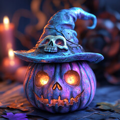 Wall Mural - glowing pumpkin with witch hat and skull, perfect for halloween decor, radiates spooky yet enchantin