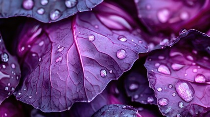 Wall Mural - Close-up of fresh red cabbage leaves with water droplets, showing off their rich purple color and glossy texture.