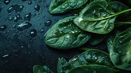 Sticker - Close-up of fresh spinach leaves, glistening with water droplets, with space for text on a plain backdrop.