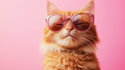 A close-up portrait of a funny cat wearing stylish sunglasses, isolated on a light pink background