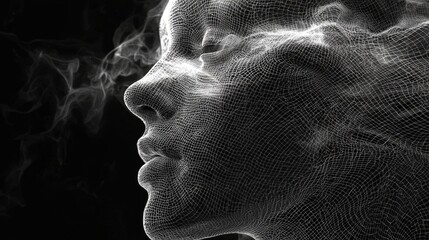 A black-and-white digital representation of an abstract wireframe face enveloped in smoky textures, merging art and technology to create a mystical and futuristic portrait.