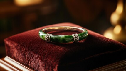 Visualize a luxurious green jade bracelet displayed on a velvet cushion