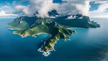 Wall Mural - Aerial view of a cluster of islands surrounded by vast ocean, showcasing majestic mountains beneath a dramatic cloudy sky