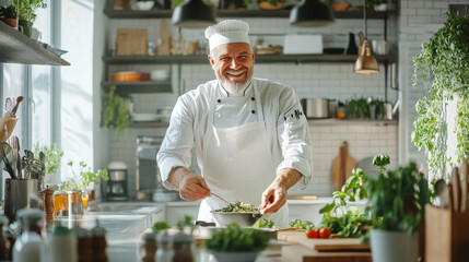 A joyful chef prepares fresh salad in bright, modern kitchen filled with greenery and natural light. His passion for cooking is evident as he skillfully mixes ingredients