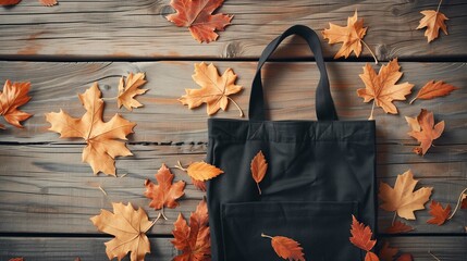 Wall Mural - Black tote bag mockup with fall leaves on weathered wood, ai generated