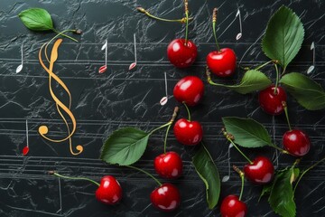 A beautiful art piece featuring fresh cherries intertwined with musical notes. The vibrant colors make it ideal for music lovers and food enthusiasts. Generative AI