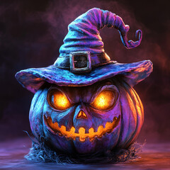 Wall Mural - spooky pumpkin with witch hat, glowing eyes, and mischievous grin creates eerie halloween atmosphere