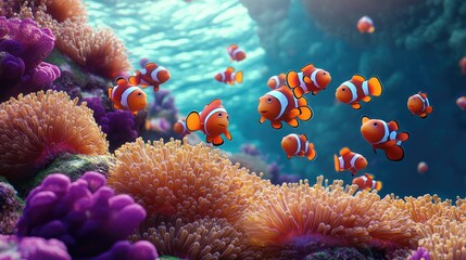 A vibrant school of clownfish swimming among anemones in a coral reef.