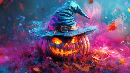 Wall Mural - vibrant halloween scene featuring carved pumpkin with glowing eyes and mischievous grin, topped with