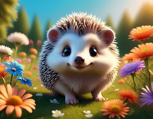 Sticker - A Cartoon HedgeHog in a Meadow of Flowers During Springtime