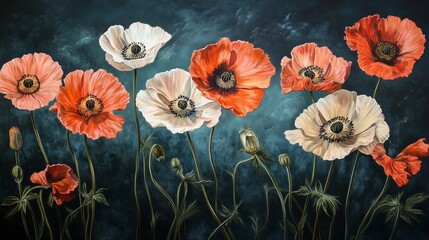 Poster - Vibrant poppy flowers in full bloom against a dark background showcasing their rich colors and intricate details