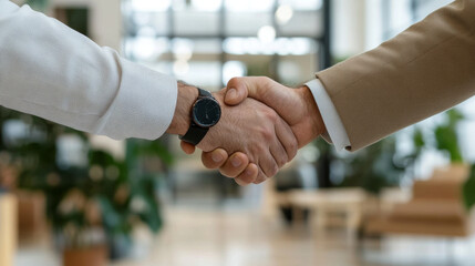 A professional handshake symbolizes trust and collaboration in modern office environment. This image captures essence of partnership and mutual agreement