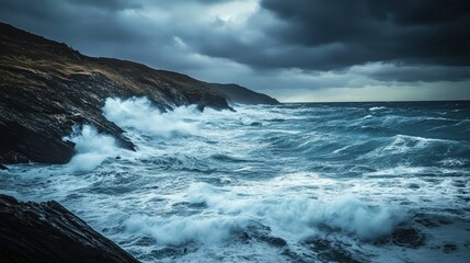 Sticker - Visualize a rugged coastline with crashing waves under a dramatic, overcast sky.