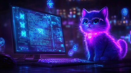 Cute cyber cat coder in neon glasses next to futuristic digital screen