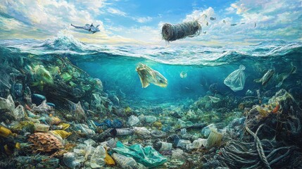 Wall Mural - Visualize an ocean scene with significant marine litter, such as plastic bags, ropes, and broken fishing gear.