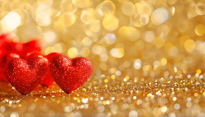 red hearts on gold glittering background for valentine's day