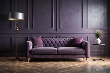 Dark living room with sofa and lamp in deep dusty purple mauve color, violet accent furniture, and gray mockup wall