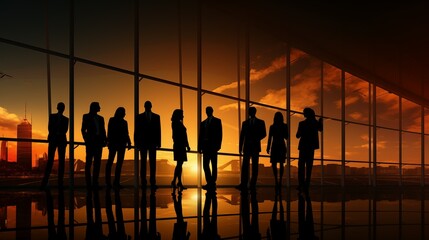 Silhouetted professionals at stunning sunset through large office window image. Corporate world evening photography scene wallpaper. Teamwork at dusk concept photorealistic photo