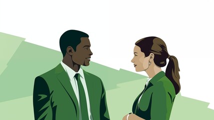 Wall Mural - Diverse man woman in formal business attire facing each other 2D illustration. African american male colleague, caucasian female office worker flat cartoon image. Partners wallpaper art