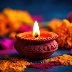 Lit Diya Lamp with Colorful Holi Powder and Marigold Flowers