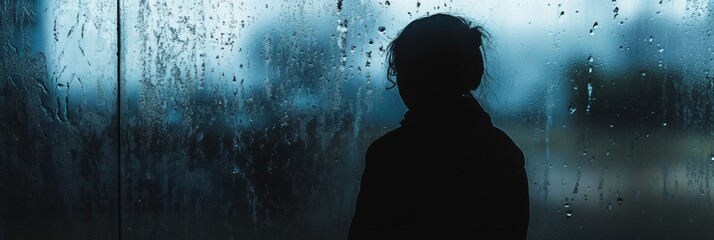 Aufkleber - A solitary person stands by a rain-covered window, reflecting on their thoughts as droplets trickle down the glass in soft blues and greys. Generative AI