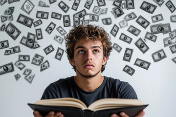 A young man contemplates the future with an open book as money swirls in his thoughts at a creative workspace