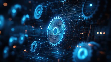 Wall Mural - an abstract blue digital technology background incorporating gears and cogs with a dark color palett